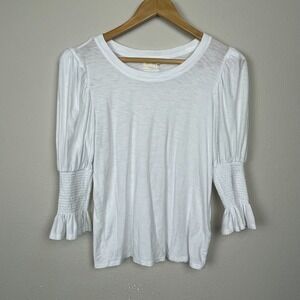 Nation Ltd White Top S Pima Cotton Smocked Balloon Sleeve 3/4 Minimalist